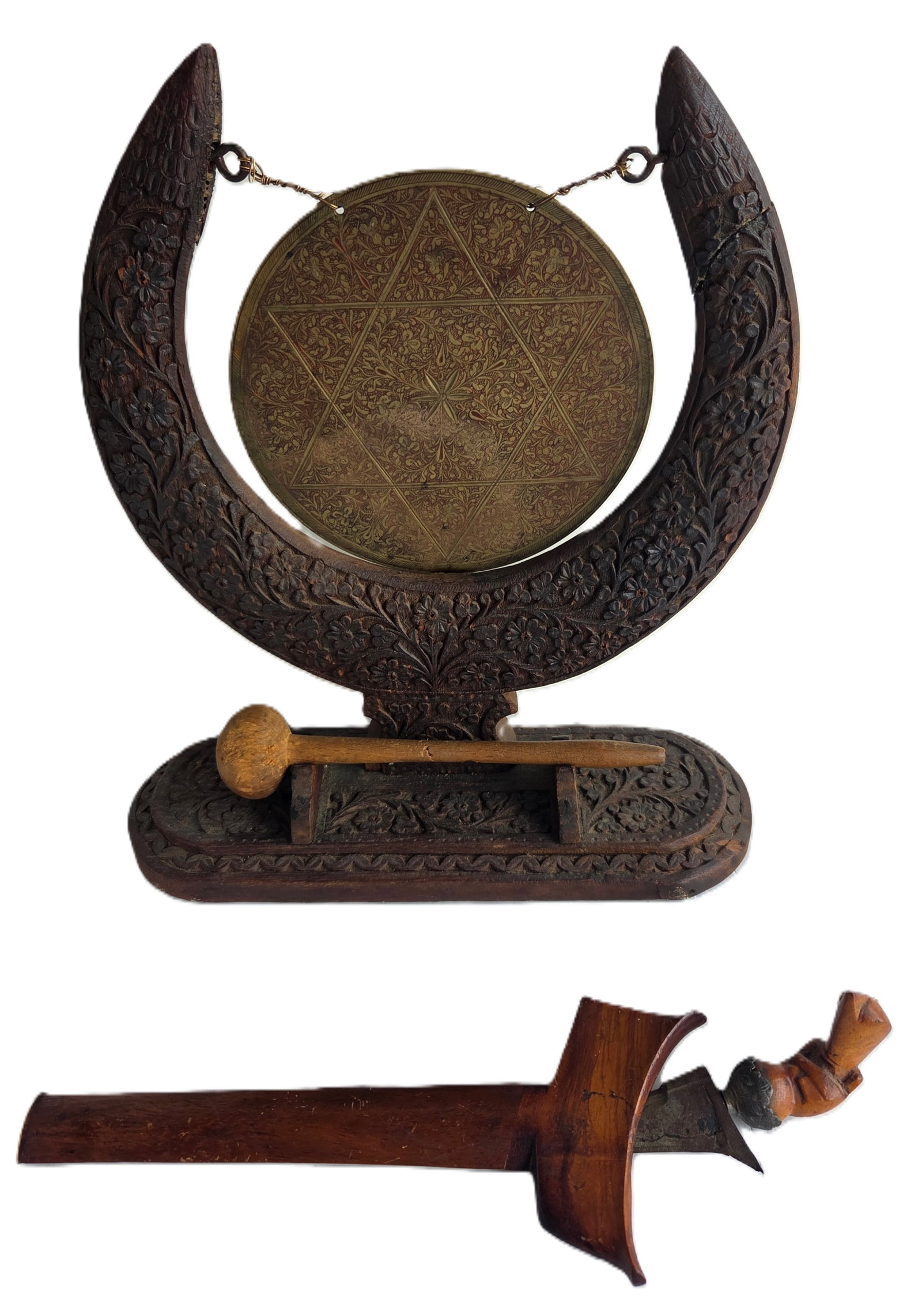 Vintage Antique 2 pc Likely Indonesian Lot Including Carved Wood Brass Table Gong and Hardwood Kris (1 of 10)