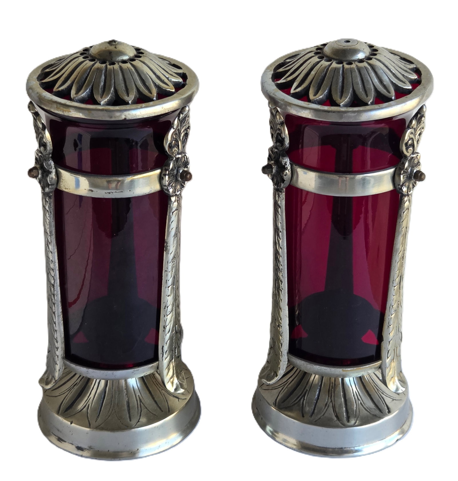 Pair Art Deco Industrial Age Aluminum Ruby Cranberry Glass Devotional Votive Church Chapel Lantern: Pair Art Deco Industrial Age Aluminum Ruby Cranberry Glass Devotional Votive Church Chapel Lantern Lamp Lights. 12.25 inches tall, 6 inch diameter, each. Provenance: Property of a Florida Gulf Coast f