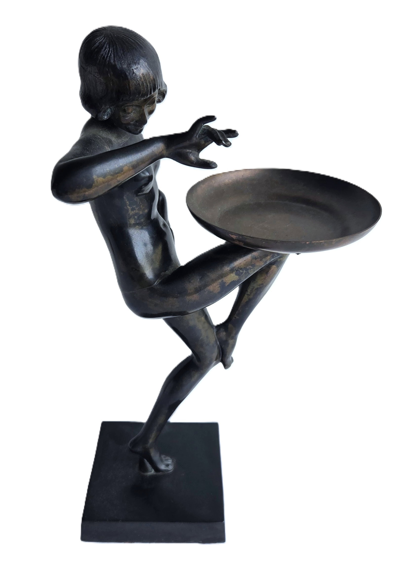 Vintage Art Deco Patinated Metal Female Nude Dancer Bar Dresser Tray Stand 13.5 inches Tall: Vintage Art Deco Patinated Metal Female Nude Dancer Bar Dresser Tray Stand. 5.75 X 7.25 inches and 13.5 inches tall. Provenance: Property of a Florida Gulf Coast funeral industry professional who in t