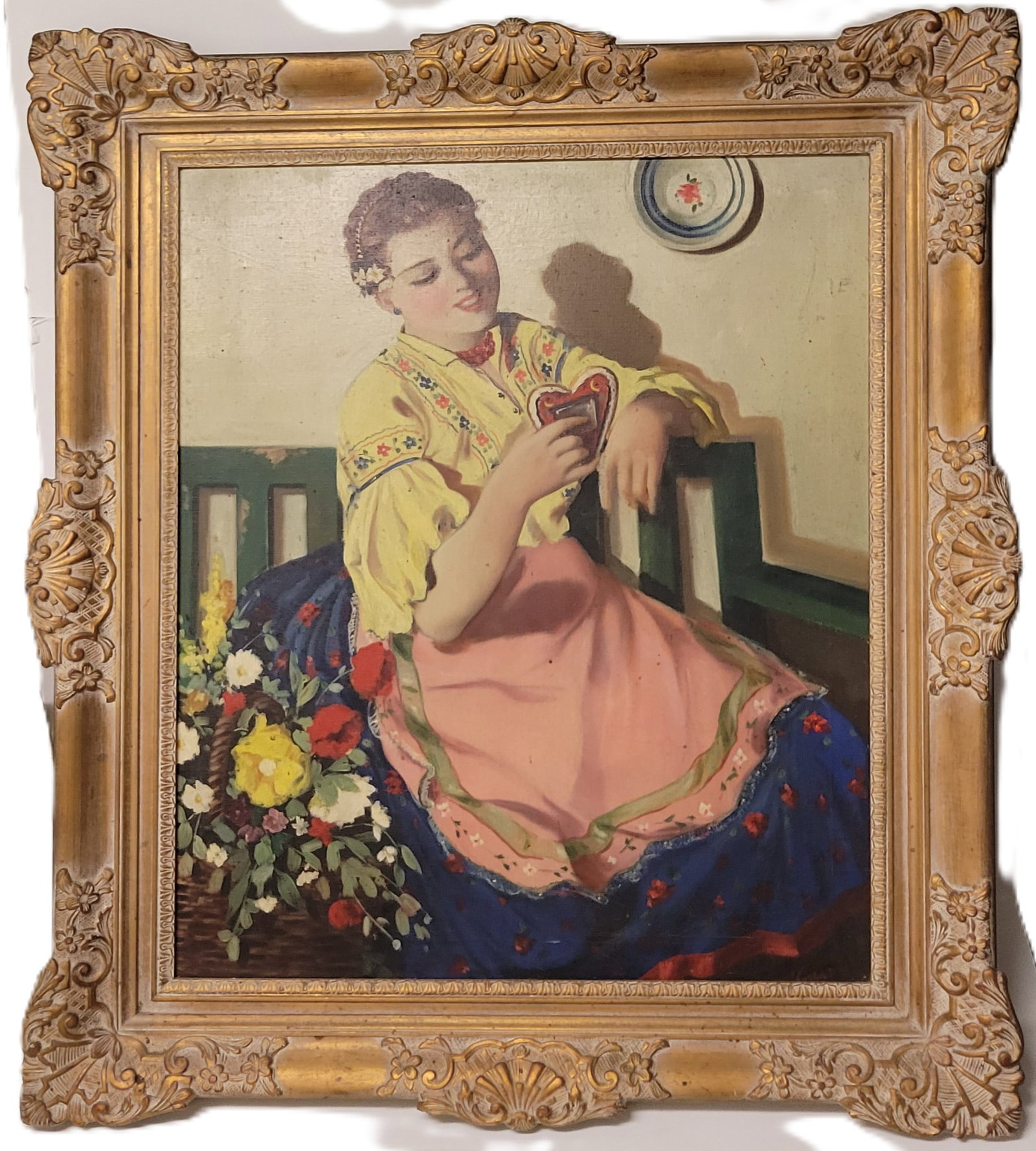 Violetta Koszeghy Hungarian Young Woman Valentine Flowers Sunlit Interior Oil 30 X 24 Inches: Violetta Koszeghy Hungarian Young Woman Valentine Flowers Sunlit Interior Oil 30 X 24 Inches. 39 X 32.75 X 2.5 inches overall framed, signed lower right, signed or inscribed with artist name again ver