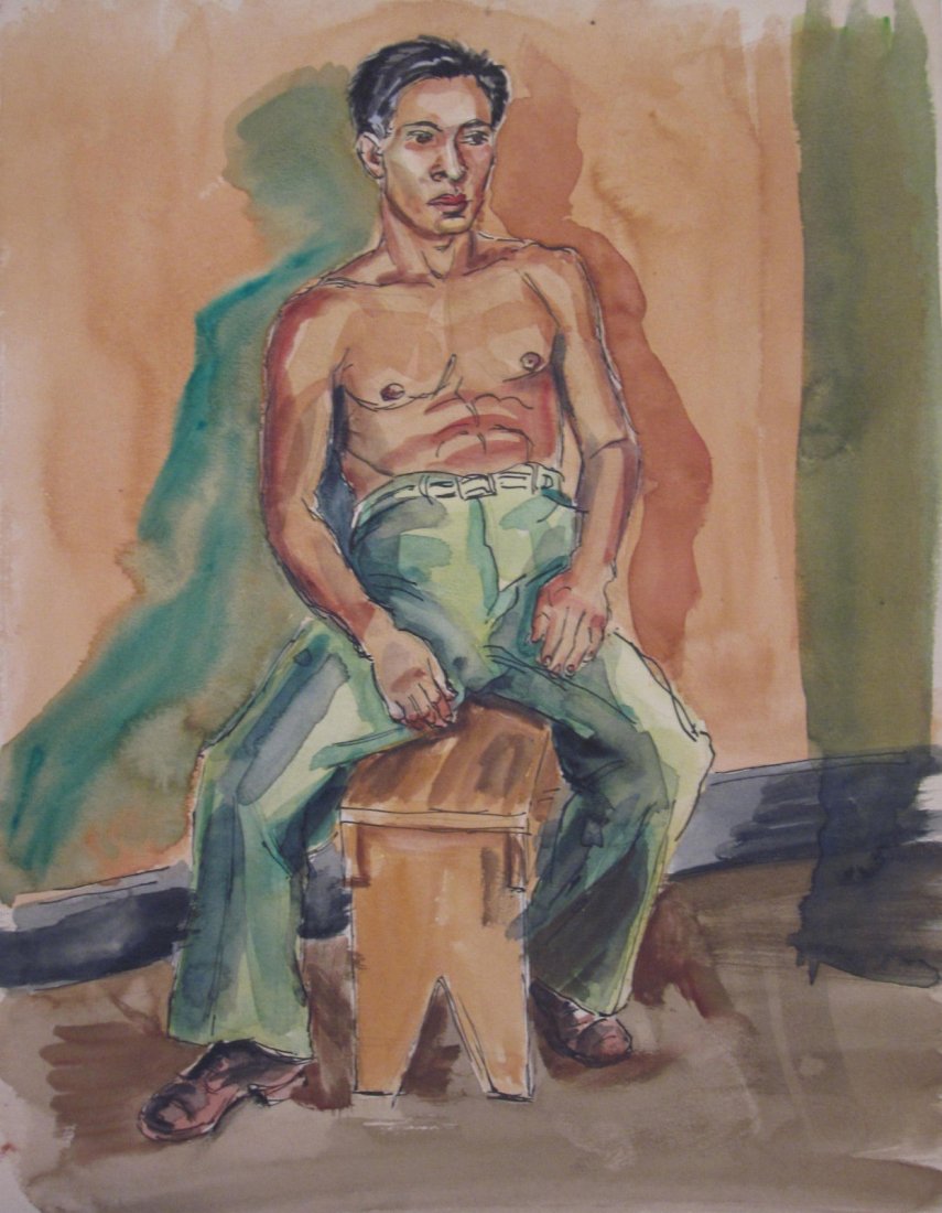 STEWART WHEELER Doubled Sided Seated Shirtless Male Wat: STEWART WHEELER Doubled Sided Seated Shirtless Male Watercolor South Pacific Filipino Japanese Territory WWII Era Painting by WPA Philadelphia Bucks County New Hope Lambertville Artist Richard Stedman