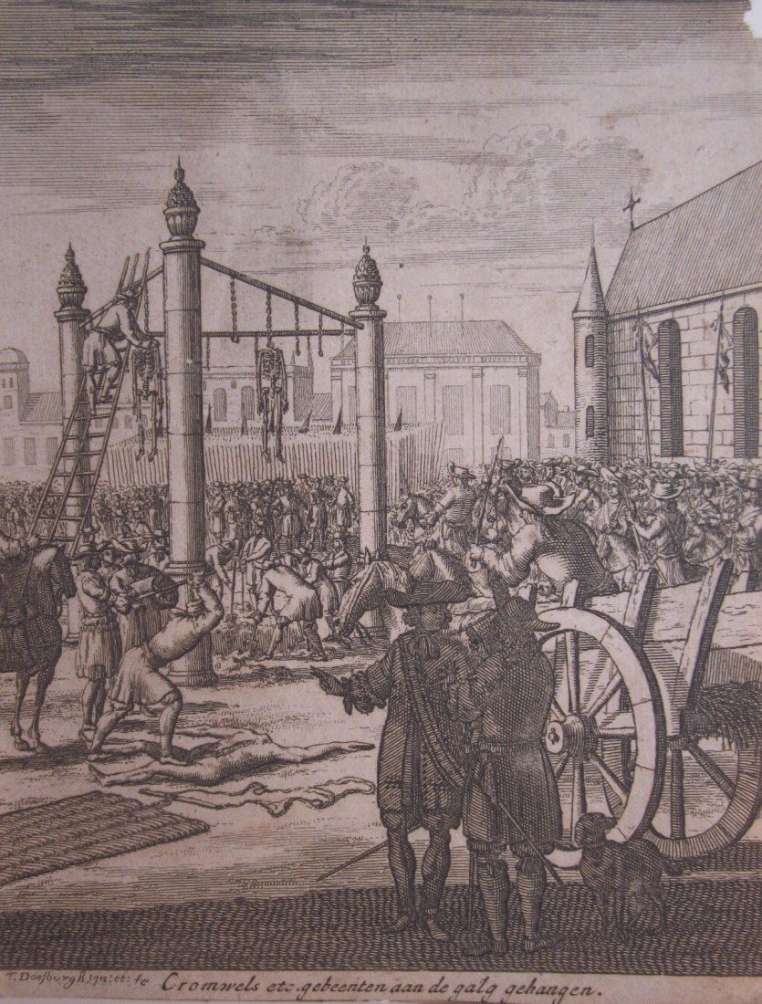 Old Dutch 1711 Thomas Doesburgh Engraving British Cromw: Old Dutch 1711 Thomas Doesburgh Engraving British Cromwell Westminster Abbey Hanging 18C Master\r\nPrint\r\n DOESBURGH, Thomas: The historic exhumation, beheading and hanging of the headless skeleton 