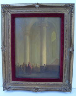 Tetar VanElven Painting Portuguese Synagogue Amsterdam: NO RESERVES ABOVE STARTING BIDS! Tetar Van Elven Dutch Luminist Painting Interior of the Portuguese Synagogue in Amsterdam, Netherlands with Figures NOTE: Our shipper informs us they are unable due to