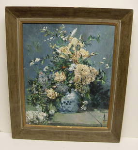 Unknown Unidentified Artist Signed Chinese Still Life: NO RESERVES ABOVE STARTING BIDS! Vintage Mid-Century Modern China Japanese Taiwan Hong Kong Vietnamese Thai or Asian Republic Showa Era Floral Impressionist Still Life Painting 17 13/16 x 14 7/8 inche