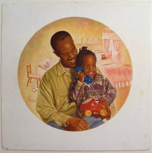 Brad Brown African American Original Illustration Art: NO RESERVES ABOVE STARTING BIDS! BROWN, Bradford (American, 20th Century): "Loving Time", "Generations" series, circa 1980's, acrylic or oil/board, 15 1/4" diameter (image), 20" x 20" (board),