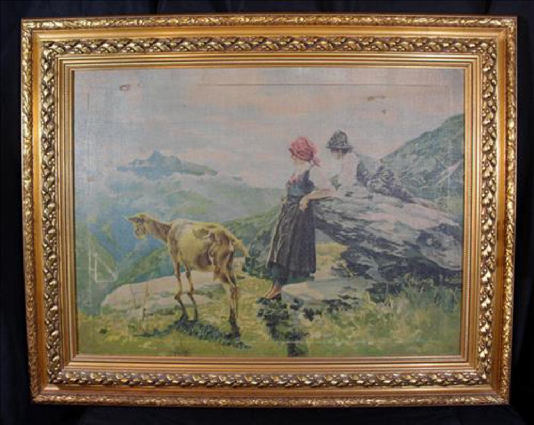 Oil on canvas of Swiss Alps, boy and girl with goat (1 of 1)