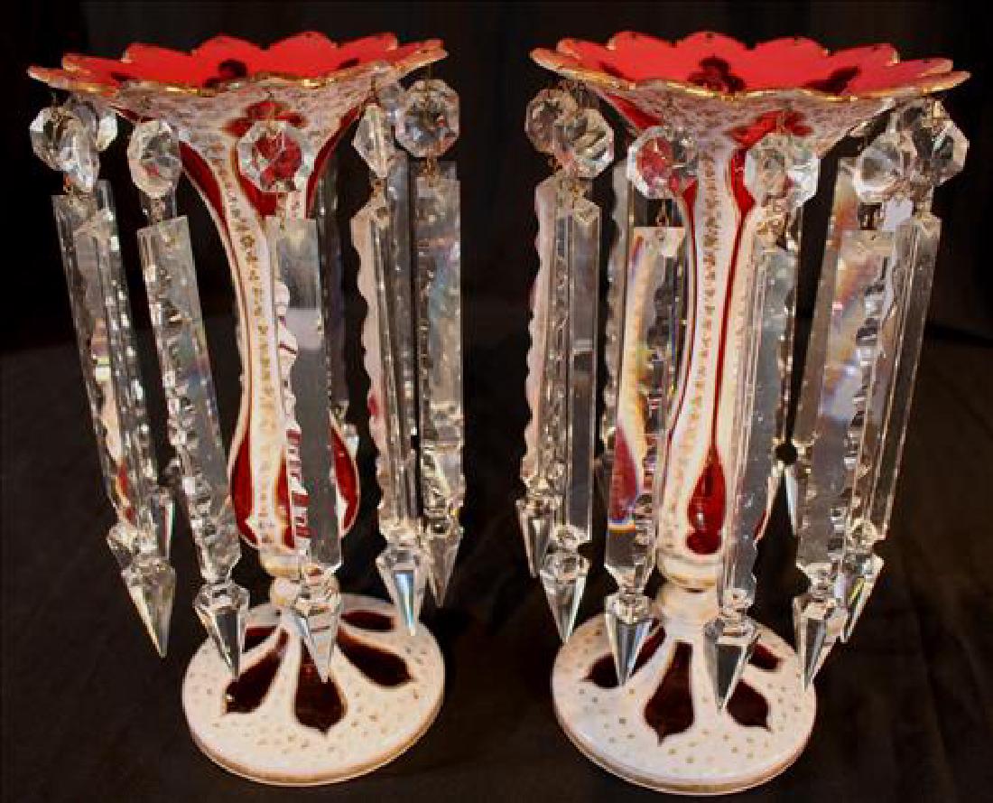 Pair Victorian white cut to cranberry mantle lusters: Pair Victorian white cut to cranberry mantle lusters with gold decorations and beautiful cut prisms, 12.5 in. T, 6 in. Dia.