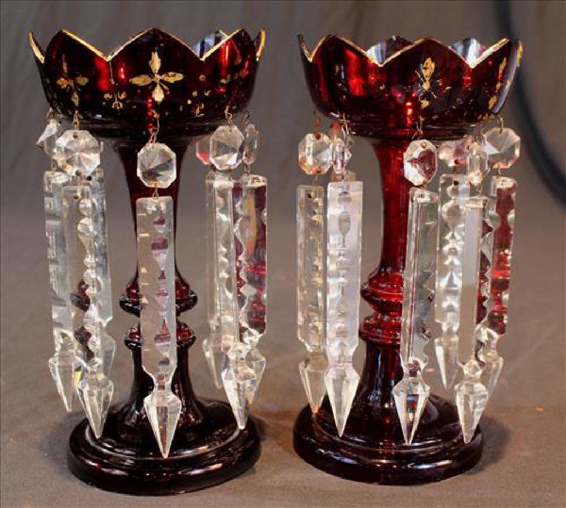 Pair small ruby mantle lusters with scalloped top: Pair small ruby mantle lusters with gold enamel paint, scalloped top, 10 in. T, 6 in. Dia.