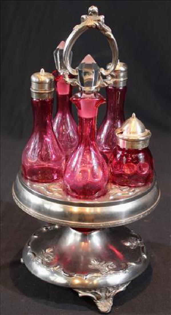 Victorian silver-plate cranberry cruet set (1 of 3)
