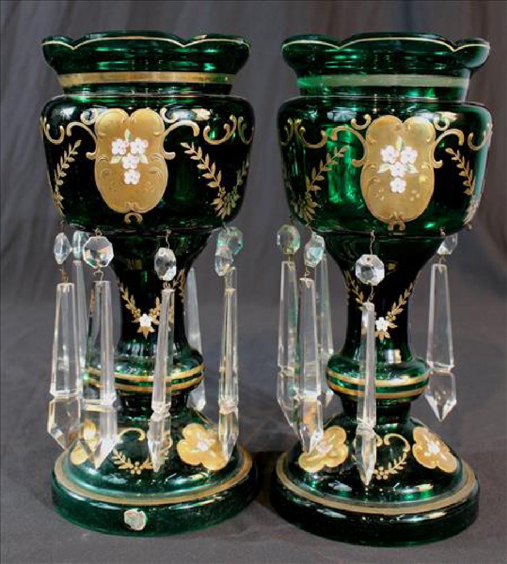 Pair green mantle lusters with gold paint, 13 in. T: Pair green mantle lusters with gold enamel paint, 13 in. T, 6 in. Dia.