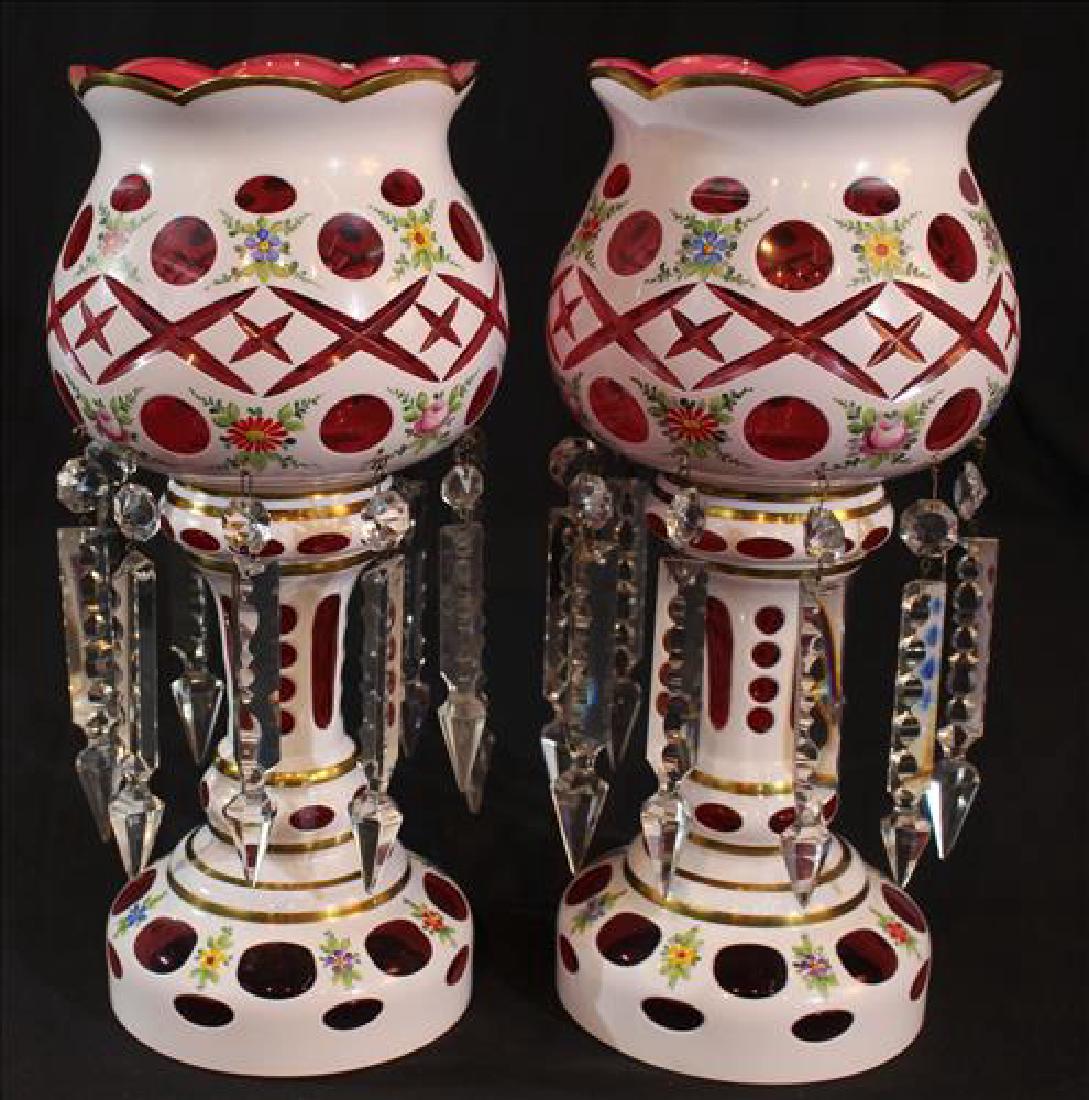 Pair white cut to pink mantle lusters, 15 in. T.: Pair white cut to pink mantle lusters, 15 in. T, 6 in. Dia.