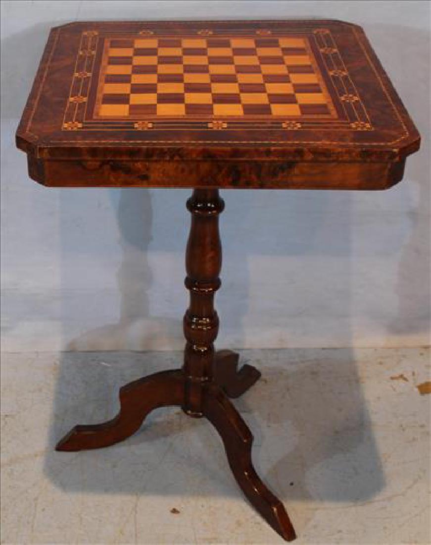 Burl walnut checkerboard table, 28 in. T, 19 in. Sq. (1 of 3)