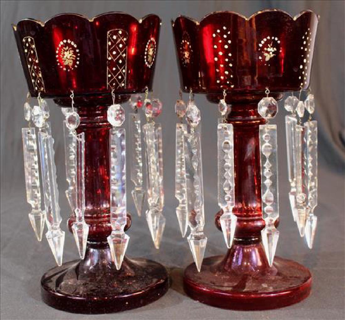 Pair ruby mantle lusters with cut prisms, 12 in. T. (1 of 3)