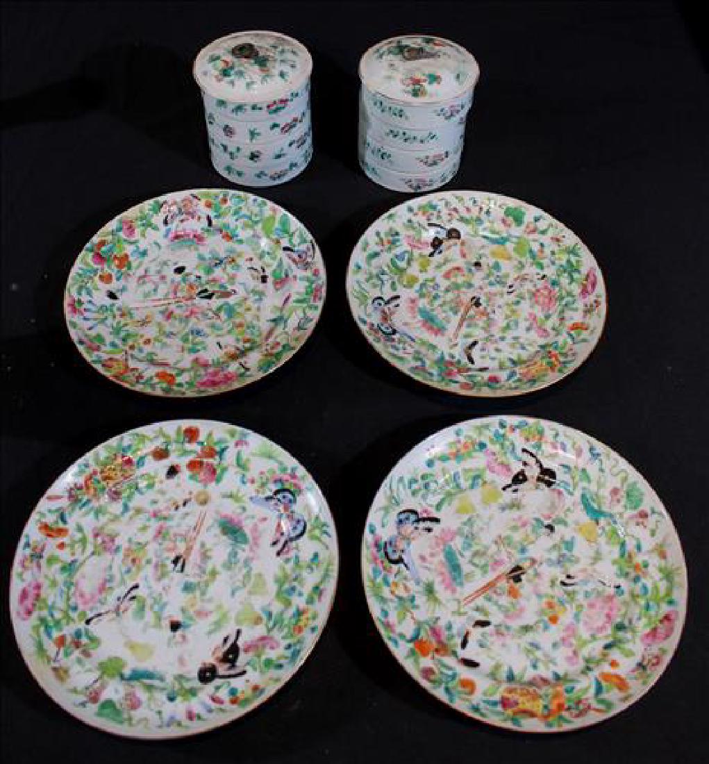 6 pieces, 4 hand painted plates and 2 rice bowls (1 of 3)
