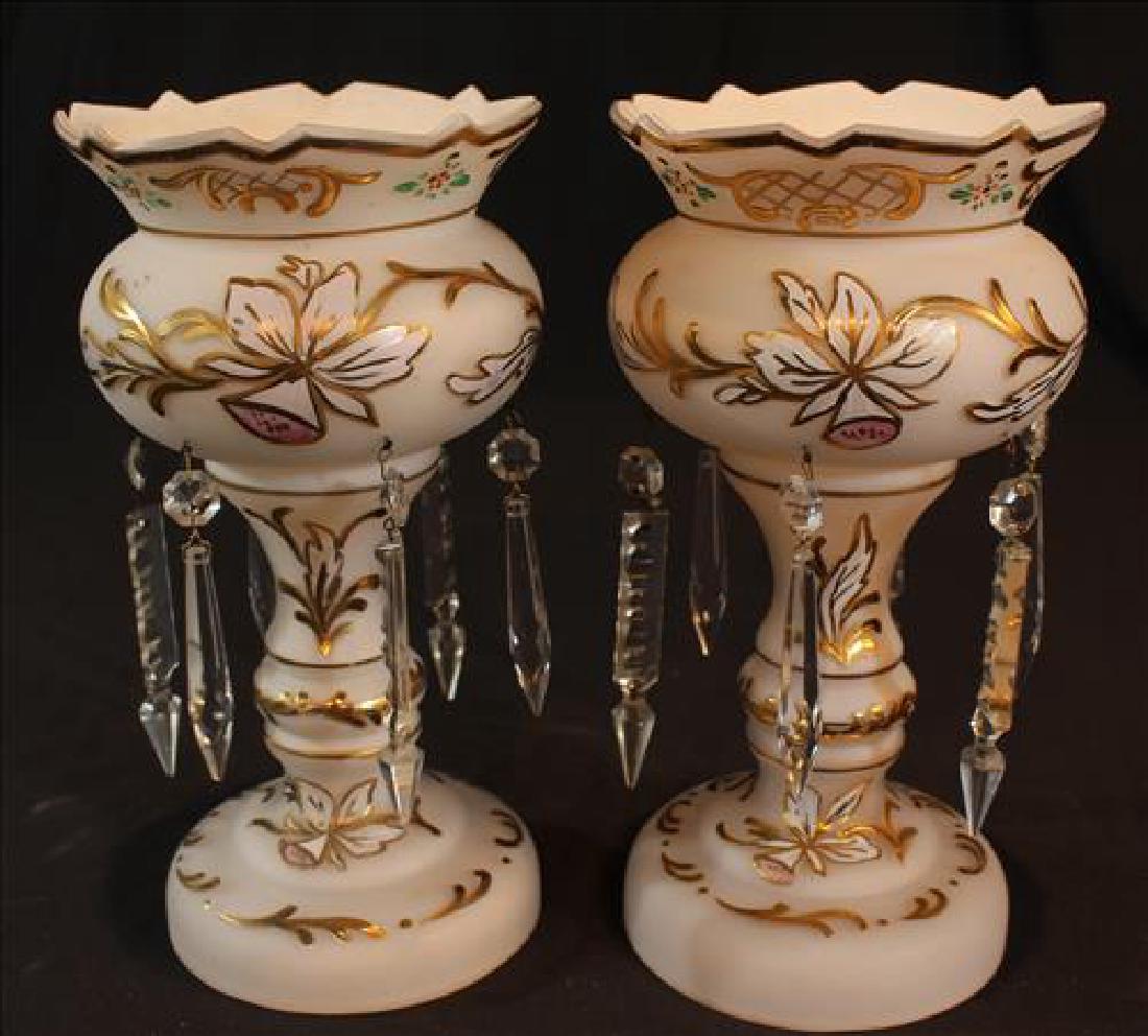 Pair small white mantle lusters with gold paint: Pair small white mantle lusters with gold paint, 11 in. T, 6 in. Dia.