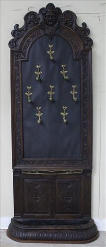 Heavily carved walnut hall tree with dolphin heads (1 of 4)