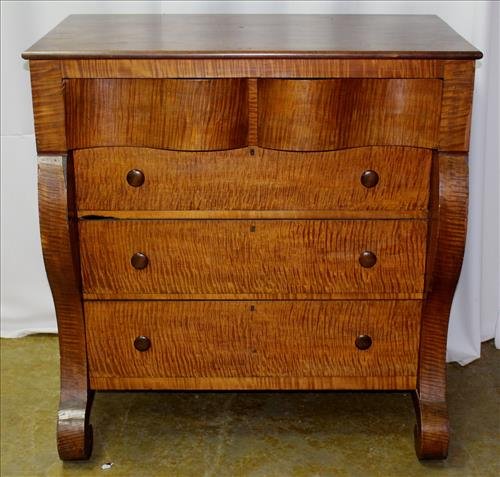 Cherry and tiger maple Empire chest with scroll front (1 of 3)