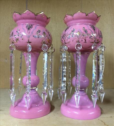 Pair oversized pink mantle lusters with gold paint: Pair oversized pink mantle lusters with gold paint and prisms