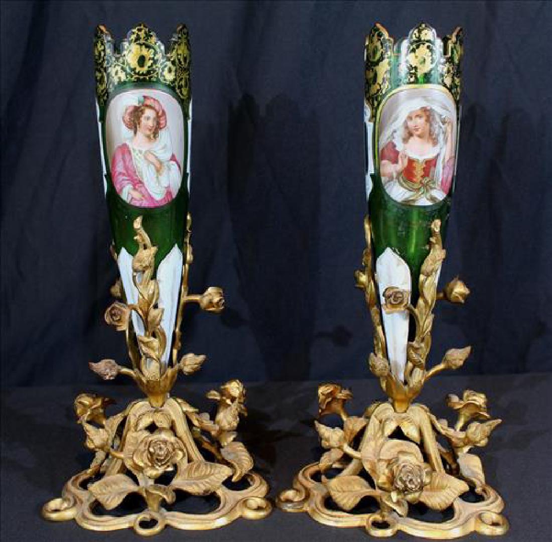 Pair bronze mounted green glass portrait vases, 16 in. (1 of 5)