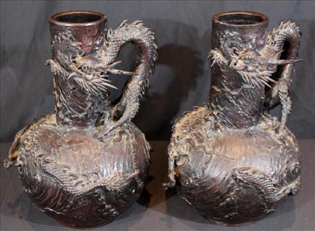 Pair bronze Chinese vases with dragon handles, 12.5 in.
