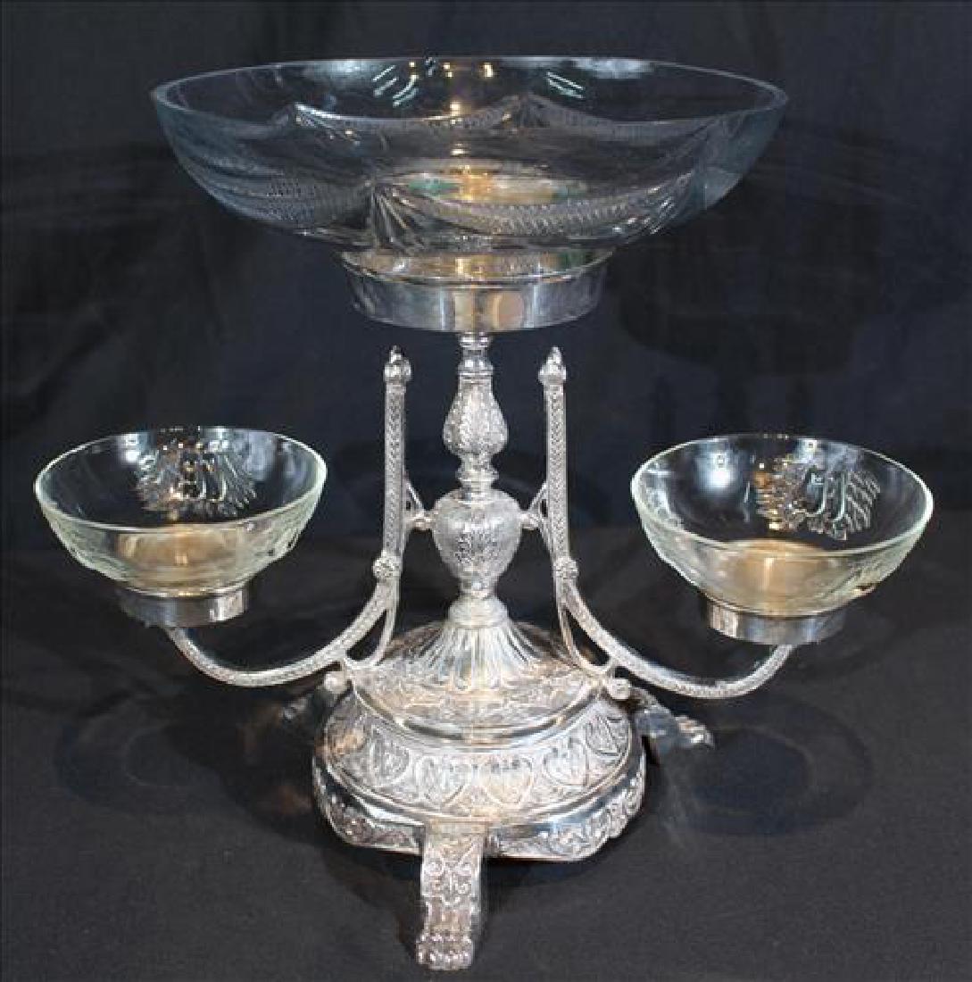 Silver-plate epergne with embossed glass bowls: Silver-plate epergne with embossed glass bowls, 12 in. T, 14 in. W.