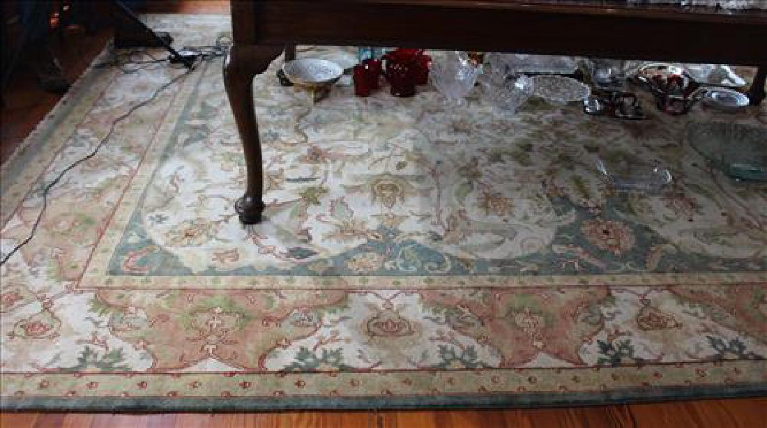 Machine made rug with blue, pink and tan, 13.11 x 9.10 (1 of 3)