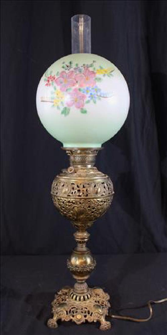 Brass banquet lamp with hand painted shade, 32 in. T. (1 of 3)