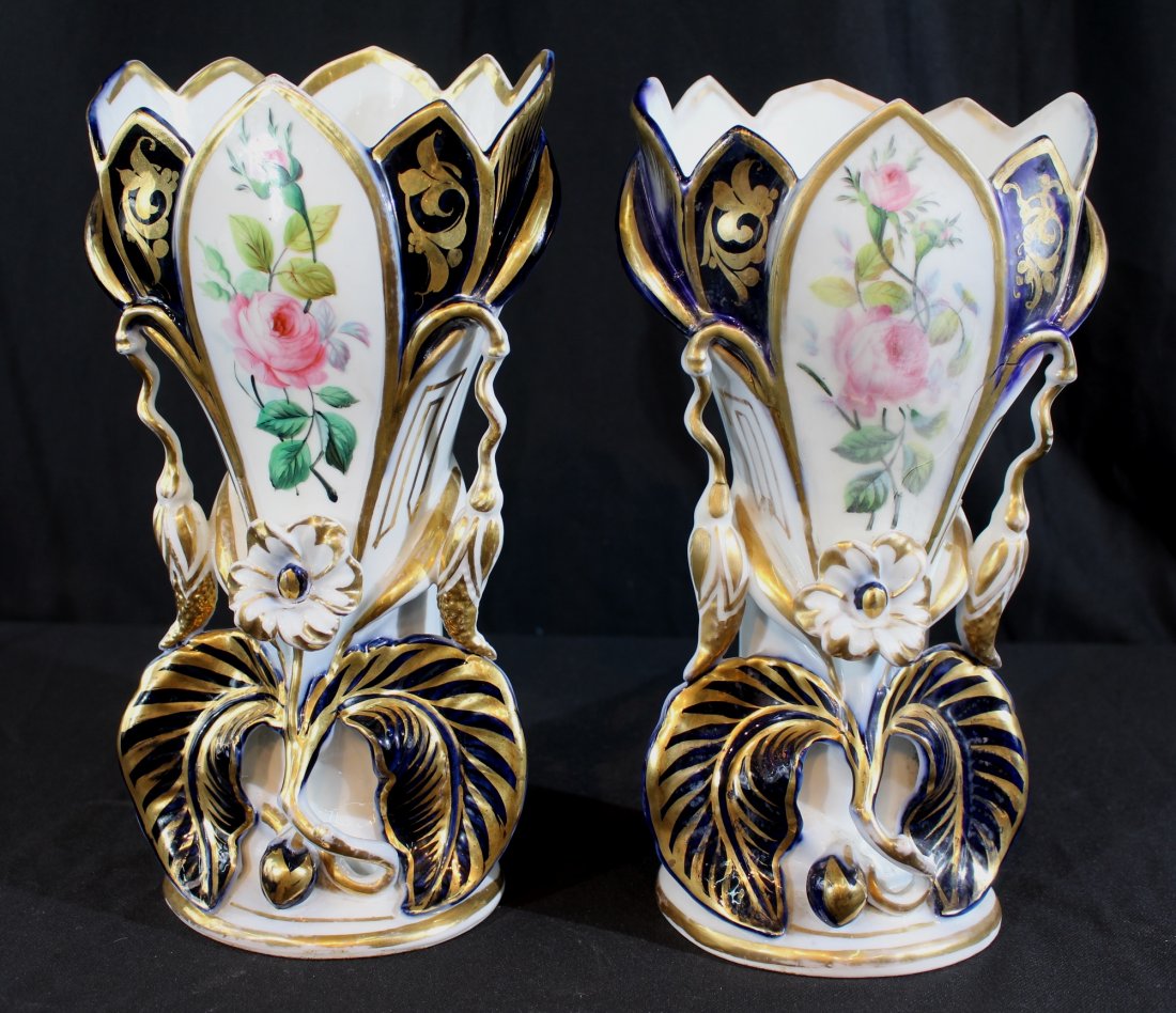 Pair old Paris vases with flowers and gold enamel (1 of 1)