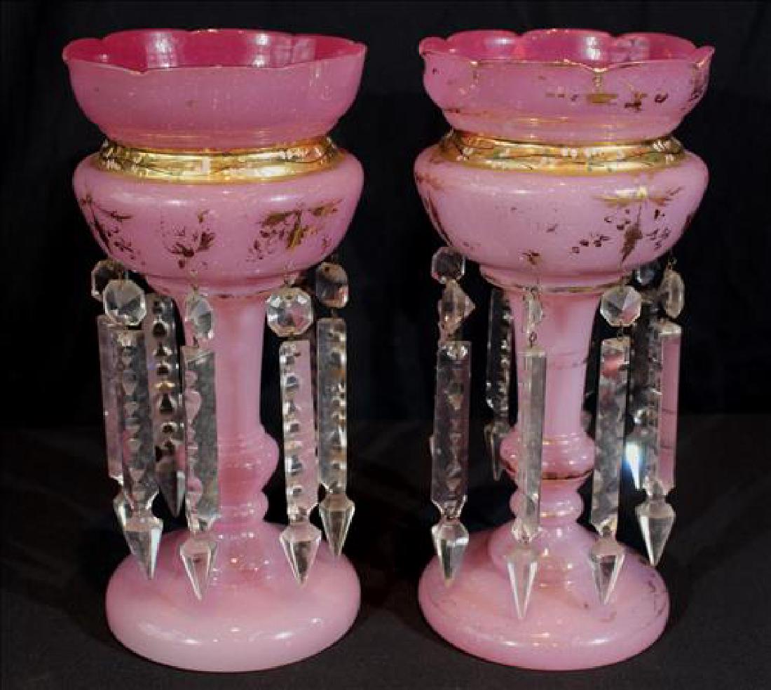 Pair pink mantle lusters with gold enamel paint, 12 in.: Pair pink mantle lusters with gold enamel paint, 12 in. T, 6 in. Dia.