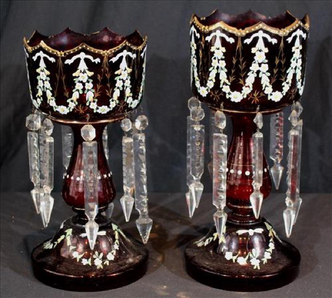 Close to matched pair amethyst mantle lusters, 14 in.: Close to matched pair amethyst mantle lusters with enamel paint and flowers, tall luster - 14 in. T., shorter luster - 13 in. T.