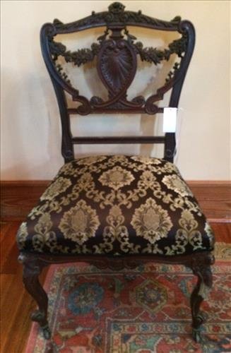 Carved slipper chair with purple fabric, 35 in. T, 20: Carved slipper chair with purple fabric, 35 in. T, 20 in. W.