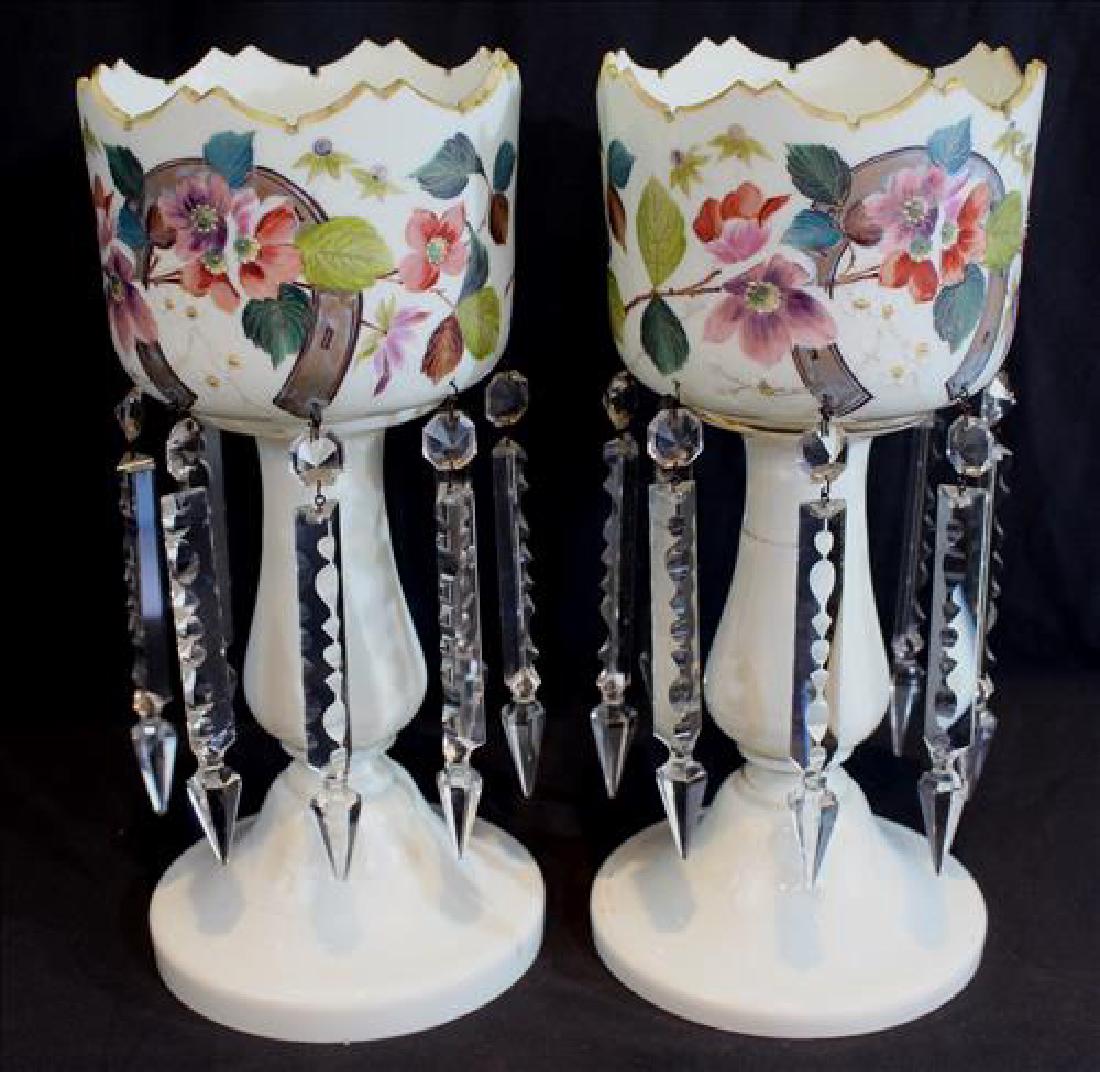 White Victorian hand painted mantle lusters, 14.5 in.: White Victorian hand painted mantle lusters with flowers in horse shoes, 14.5 in T, 8 in. cut prisms