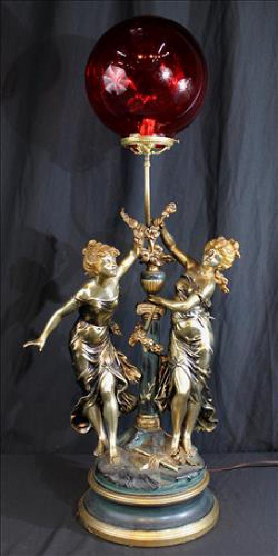 Victorian plated Spelter lamp with 2 figures, 40 in. T. (1 of 3)
