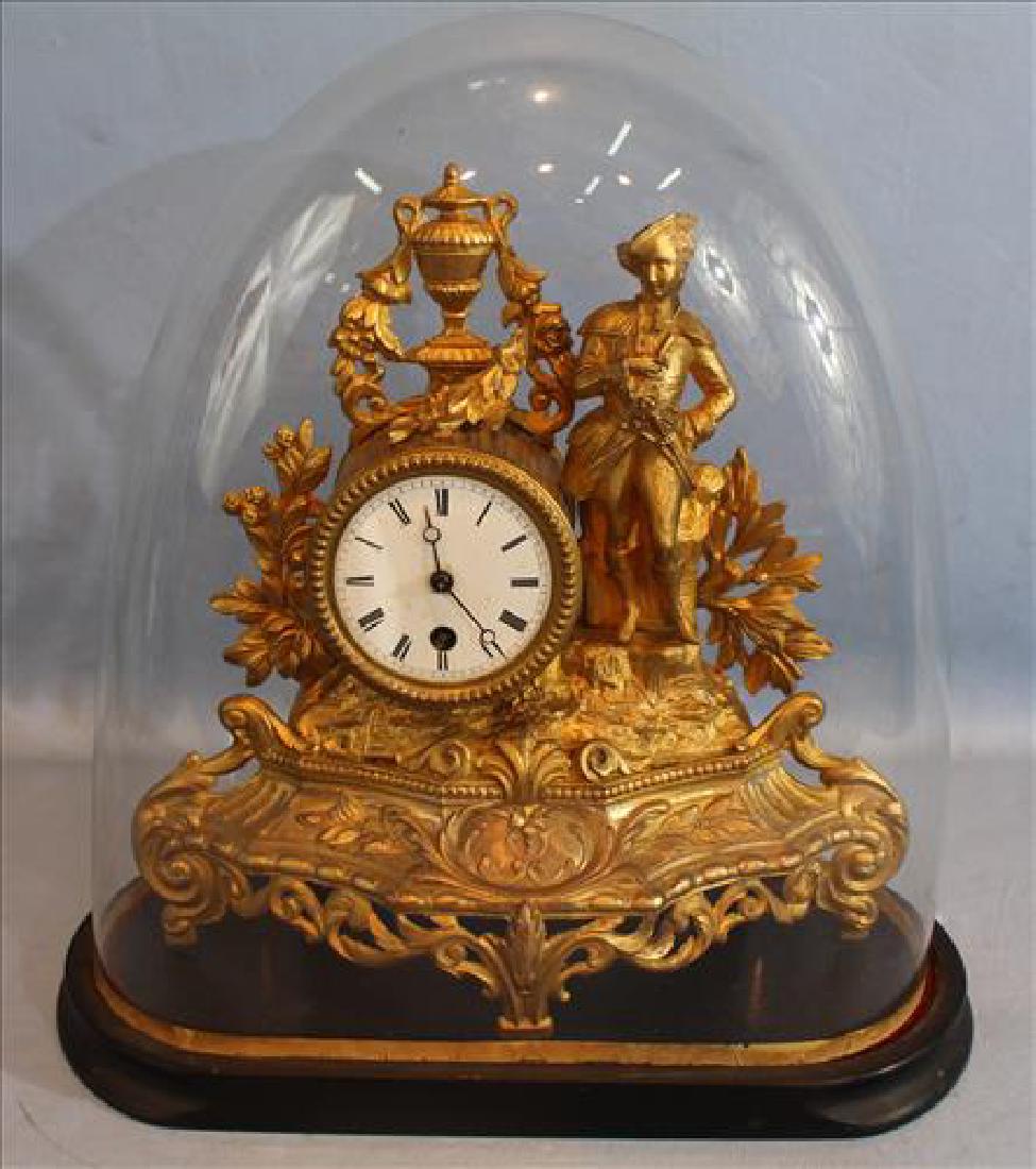 Gold gilt French mantle clock under glass done, 14 in. (1 of 4)