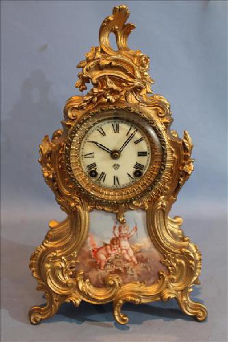 Brass French mantle clock with Sevres plaque by Ansonia (1 of 2)