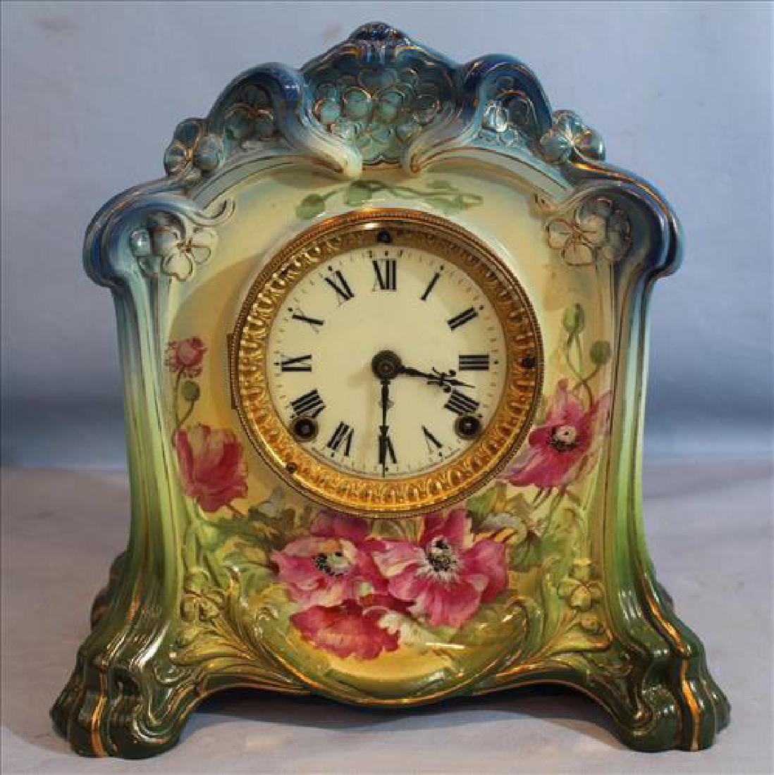 Ansonia hand painted mantle clock, blue and green (1 of 4)