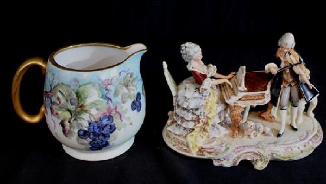 2 pieces, 1 Dresden figurine, 1 small Limoges pitcher (1 of 3)