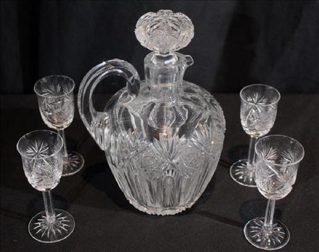 5 piece brilliant cut glass cordial set signed Hawkes, (1 of 4)