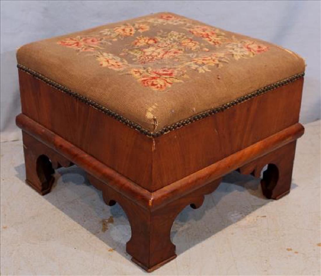 Mahogany Empire square ottoman with needlepoint (1 of 3)