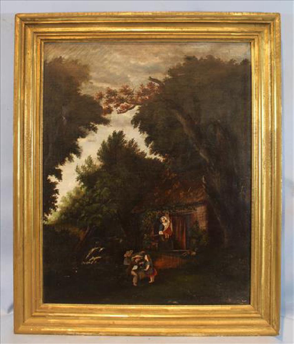 Early 19th Century oil on canvas of cabin scene, 36 x (1 of 3)