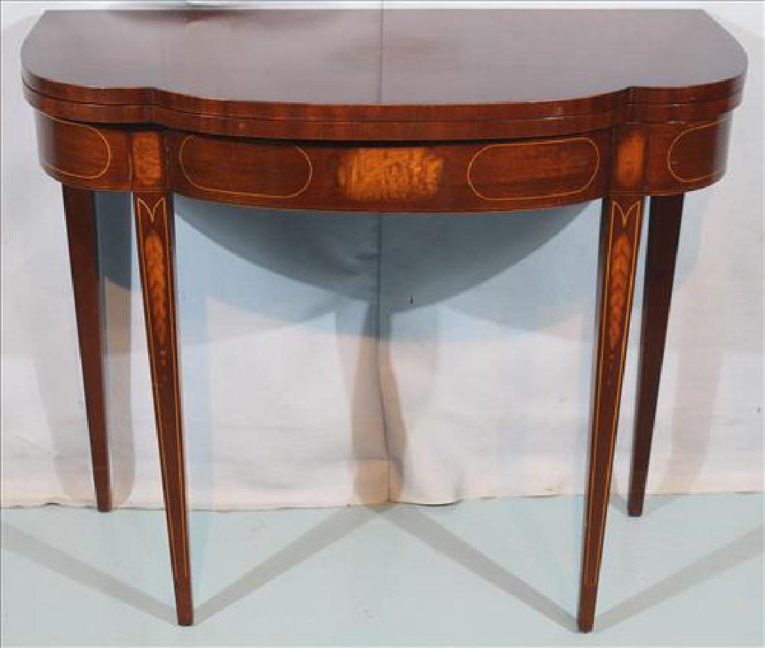 String inlay mahogany game table, 30 in. T, 35 in. W, (1 of 3)