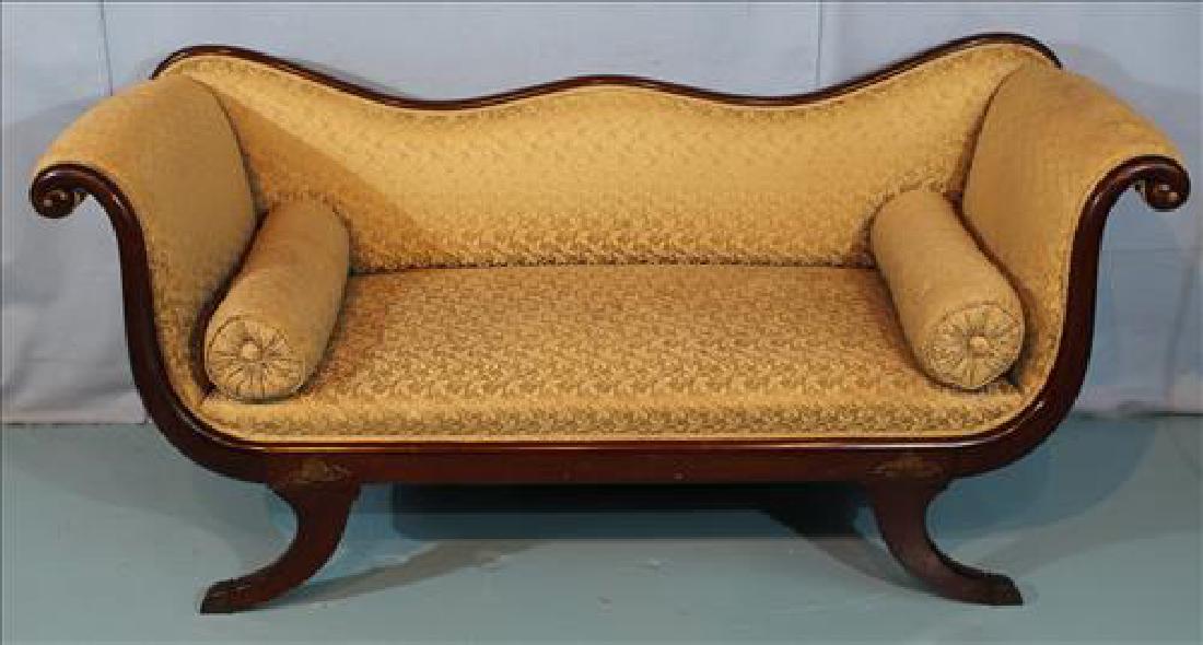 Mahogany Duncan Phyfe love seat with beige upholstery: Mahogany Duncan Phyfe love seat with beige upholstery, 32 in. T, 65 in. W, 20 in. D.