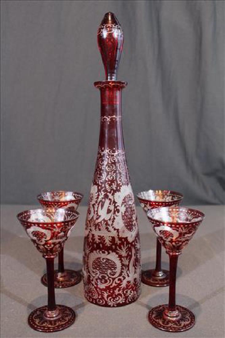 5 piece Bohemian cut glass brandy set with birds and (1 of 3)