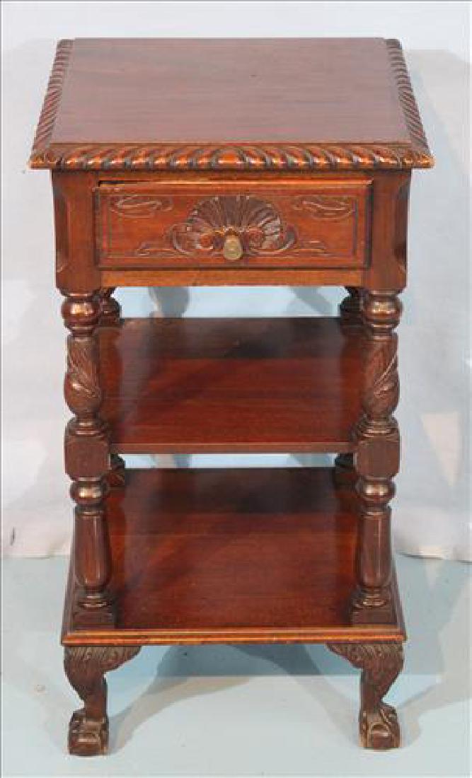 Mahogany Empire nightstand with acanthus carved post: Mahogany Empire nightstand with acanthus carved post and claw feet, 28 in. T, 15 in. Sq.