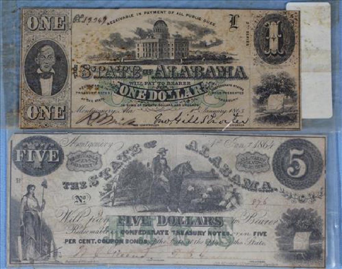 2 piece lot, state of AL Notes, one $5.00, one $1.00: 2 piece lot, state of AL Notes, one $5.00, one $1.00, ca. 1863 and ca. 1864