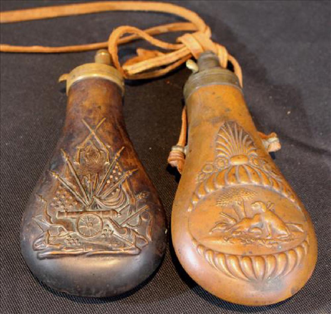 Pair of antique powder horns with scene (1 of 3)