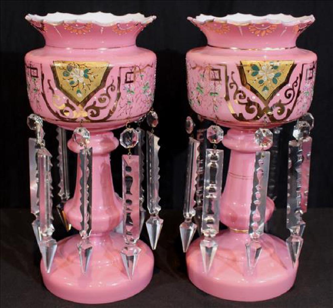 Pair of pink cases glass mantle lusters with gold: Pair of pink cases glass mantle lusters with gold paint, 13 in. T.