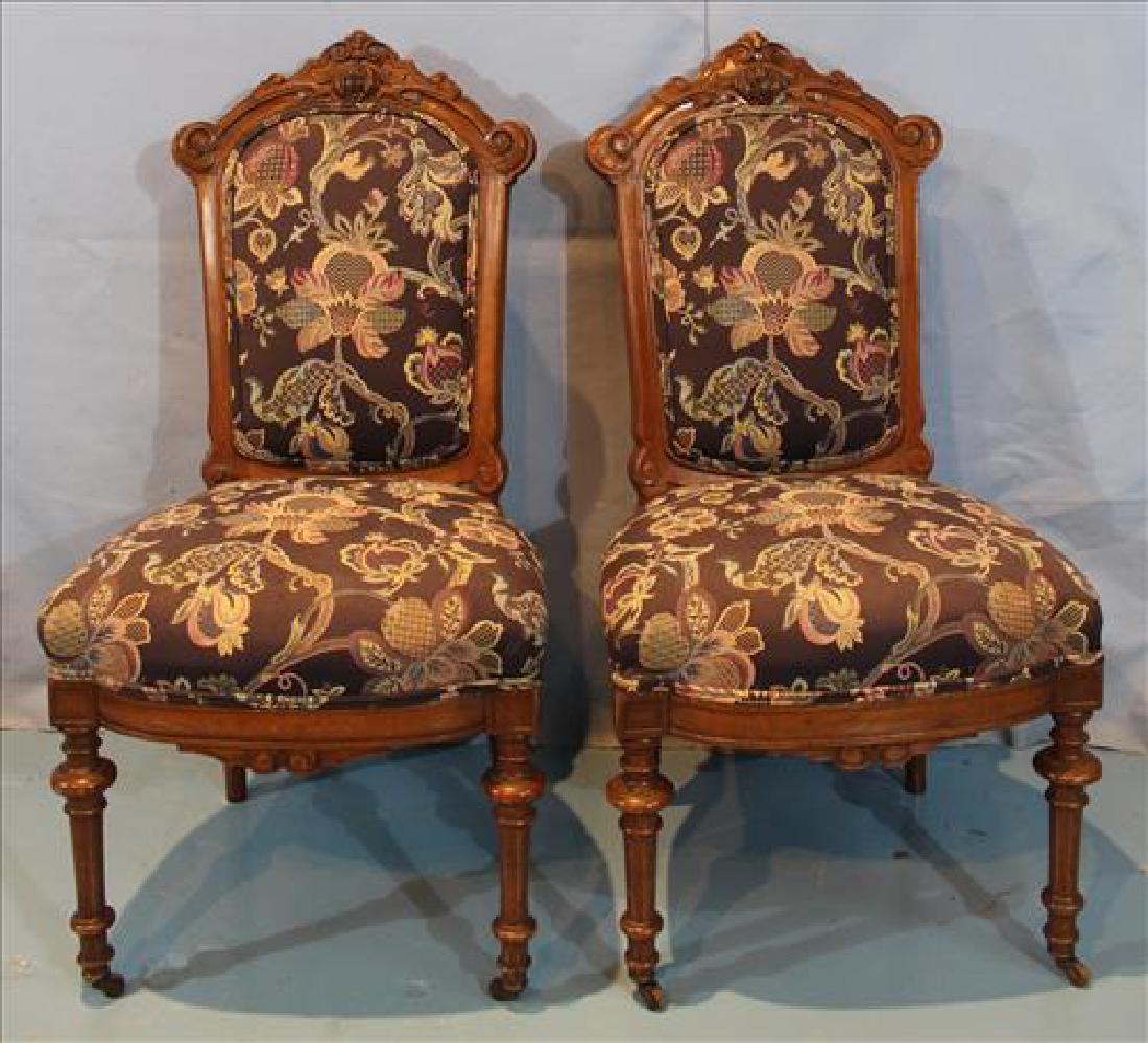 Pair walnut Victorian side chairs with new upholstery (1 of 4)