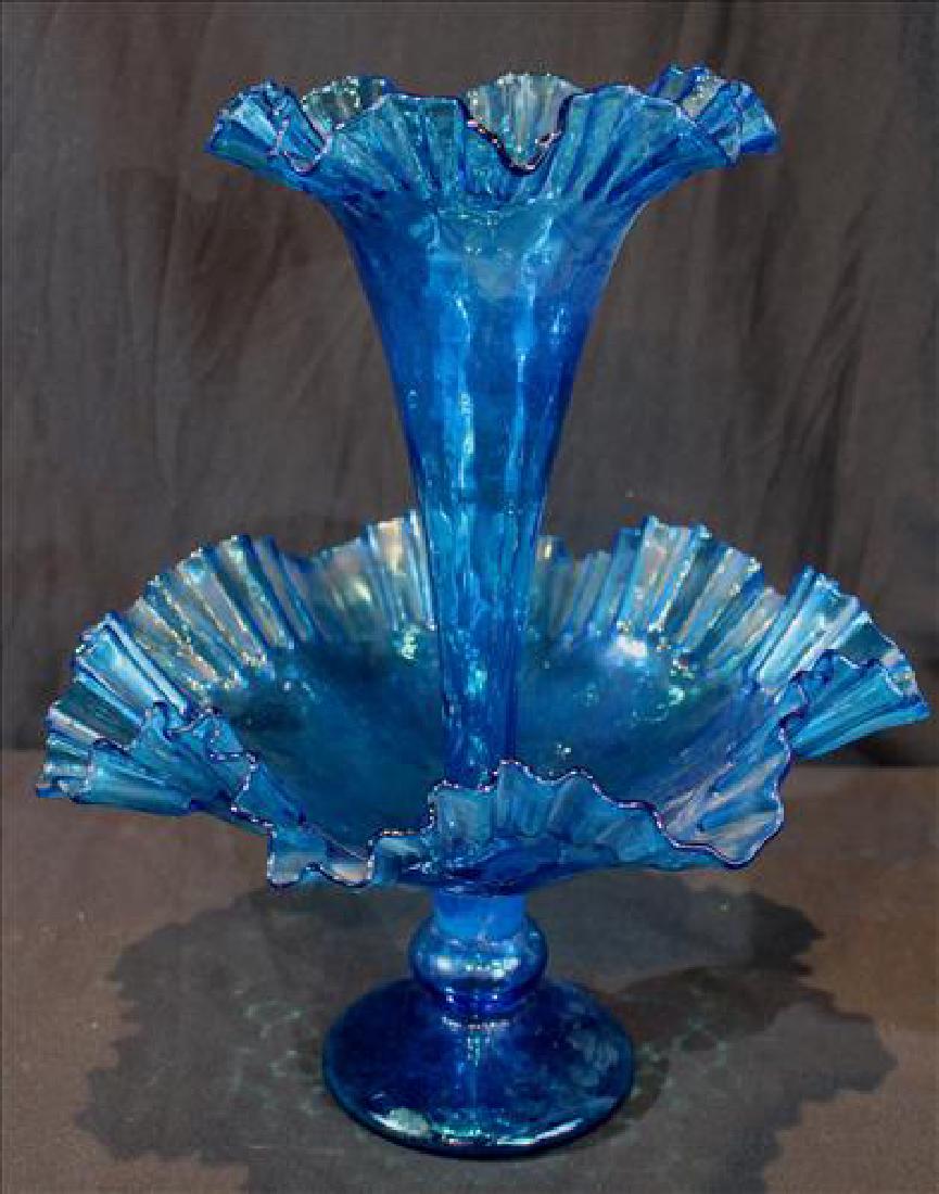Fancy bright blue frilly glass epergne, 15 in. T.: Fancy bright blue frilly glass epergne, 15 in. T.