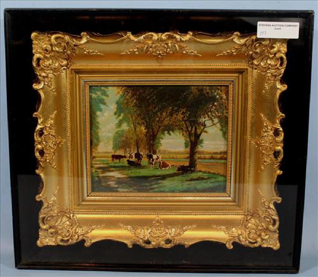 Gold leaf framed oil on canvas of cows in shadow box (1 of 4)